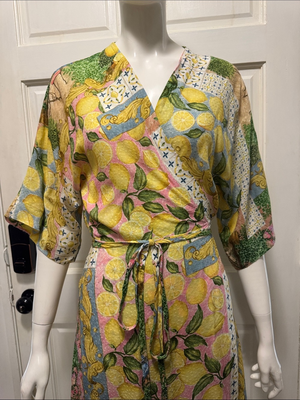 Aldo Martins Abstract Print Knit Tie Waist Midi Cardigan Dress Floral Lemons O/S - Picture 6 of 16